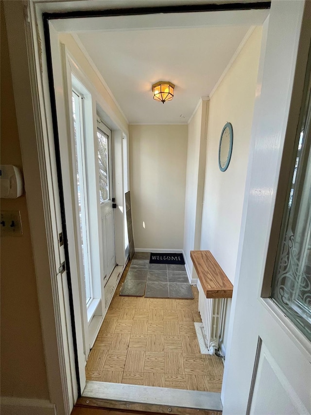 doorway to outside featuring a healthy amount of sunlight, ornamental molding, and light parquet floors