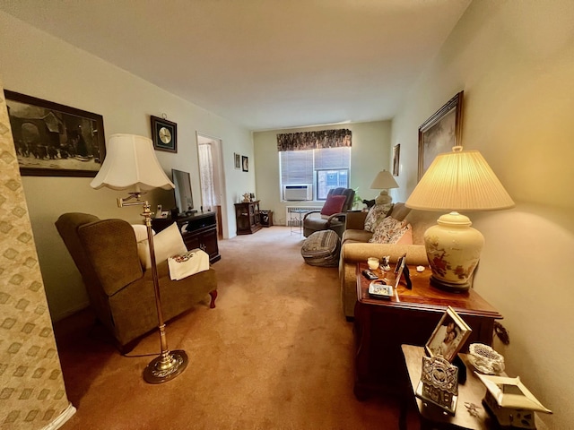 living room with carpet floors and cooling unit