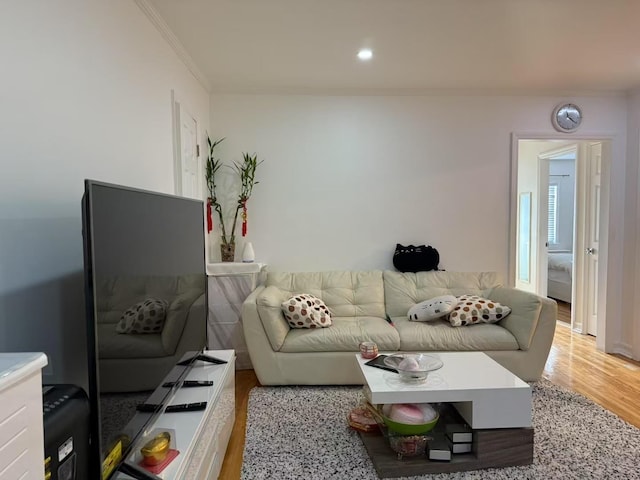 living room featuring ornamental molding and hardwood / wood-style flooring