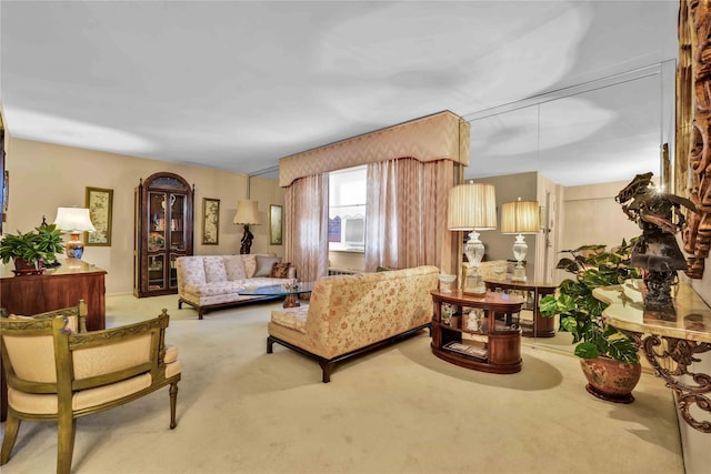 living room featuring light carpet