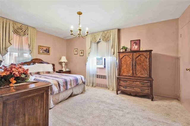 carpeted bedroom featuring radiator heating unit and an inviting chandelier