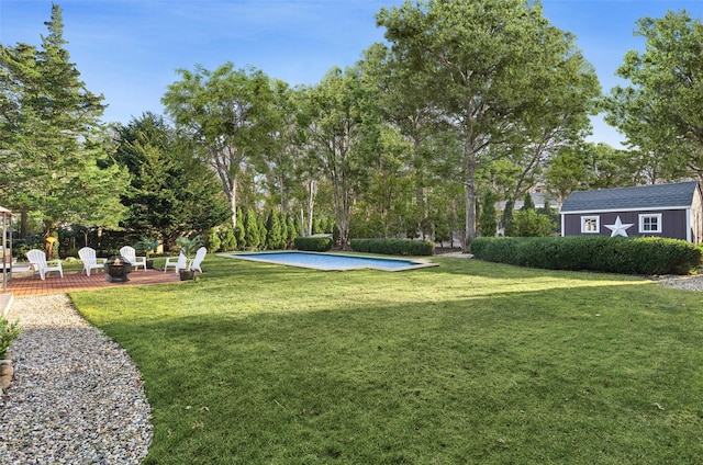 view of yard with a patio area and a storage shed