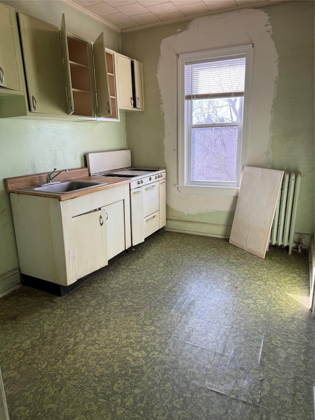 kitchen featuring sink, white electric range oven, radiator, and ornamental molding