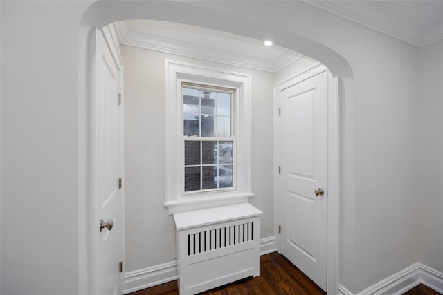 hallway featuring dark wood-type flooring and ornamental molding