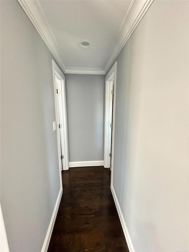 hall featuring dark wood-type flooring and ornamental molding