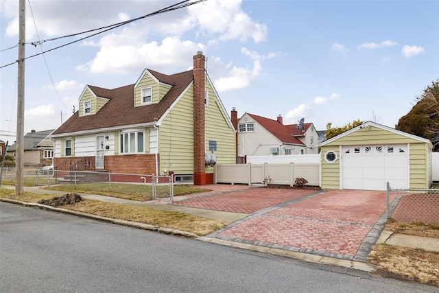 cape cod-style house featuring a garage and an outbuilding