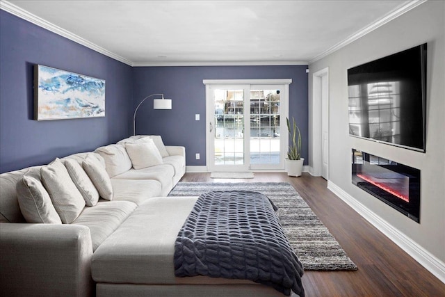 living room with dark wood-type flooring and ornamental molding