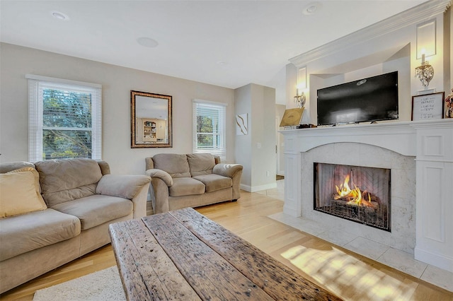 living room with a tiled fireplace, light hardwood / wood-style floors, and a wealth of natural light