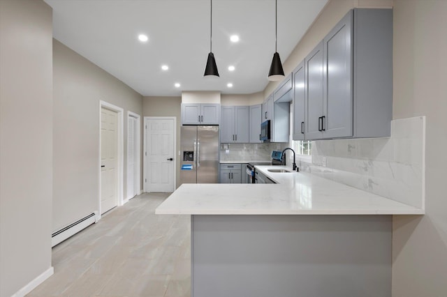 kitchen with a baseboard radiator, stainless steel appliances, backsplash, gray cabinets, and kitchen peninsula