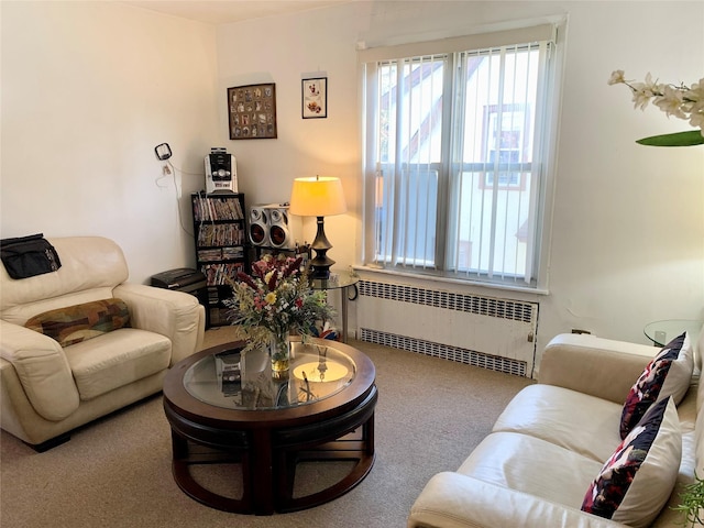 carpeted living room featuring radiator heating unit