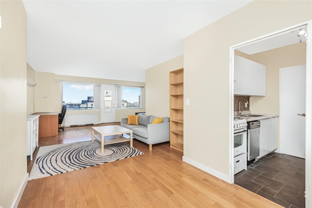 living room featuring sink and hardwood / wood-style floors