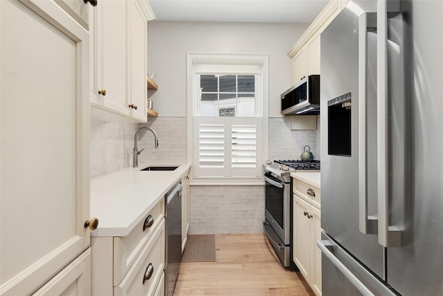 kitchen featuring stainless steel appliances, sink, light wood-type flooring, and decorative backsplash