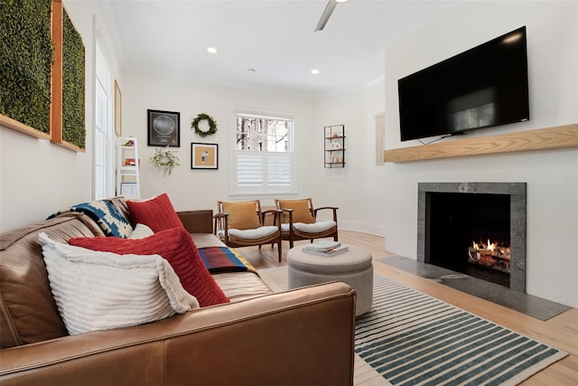 living room featuring crown molding, wood-type flooring, and ceiling fan