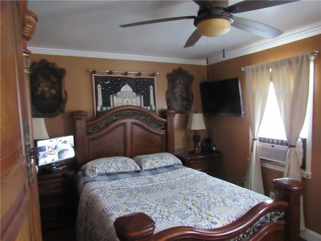 bedroom with ceiling fan, cooling unit, and ornamental molding