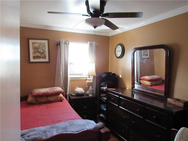 bedroom featuring ceiling fan and crown molding