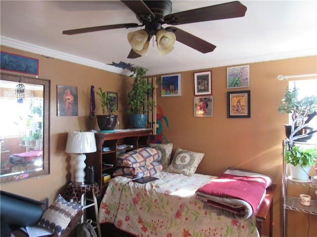 bedroom featuring ceiling fan and ornamental molding