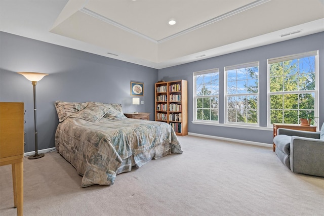 carpeted bedroom featuring crown molding and a raised ceiling