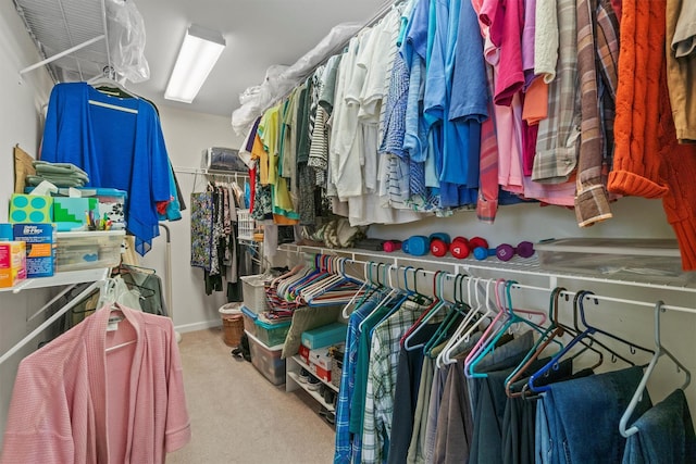 walk in closet featuring light carpet