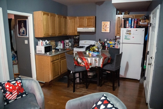 kitchen with sink, white appliances, and dark hardwood / wood-style flooring