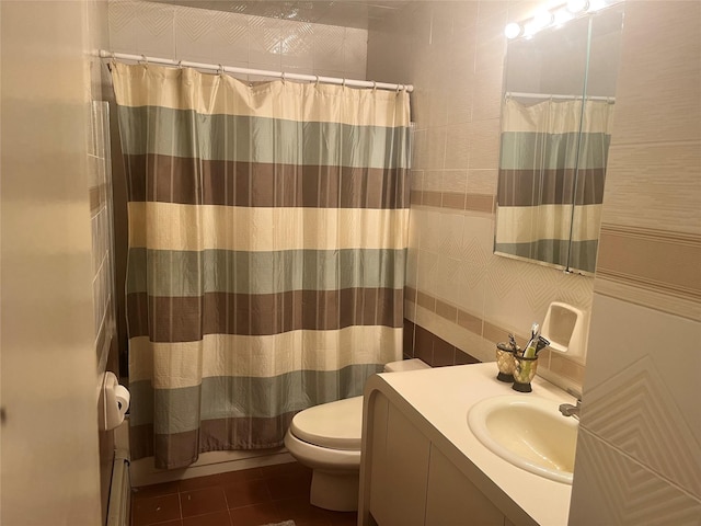 bathroom with vanity, tasteful backsplash, tile walls, toilet, and a shower with shower curtain