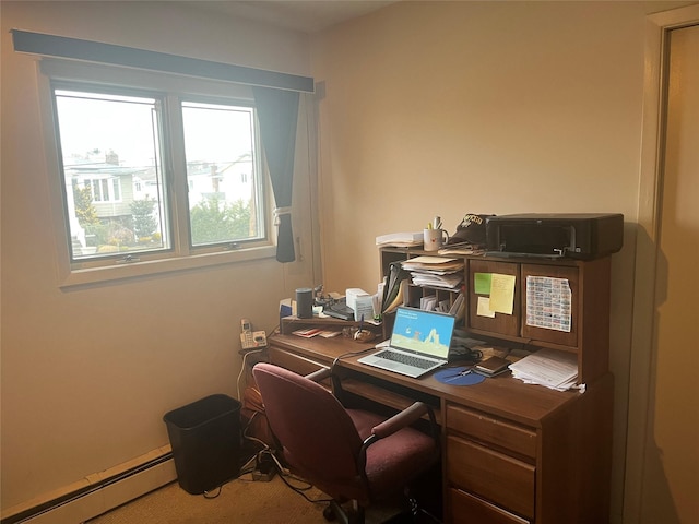 carpeted office featuring baseboard heating