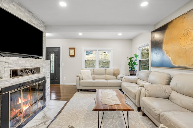 living room featuring a fireplace and light hardwood / wood-style floors