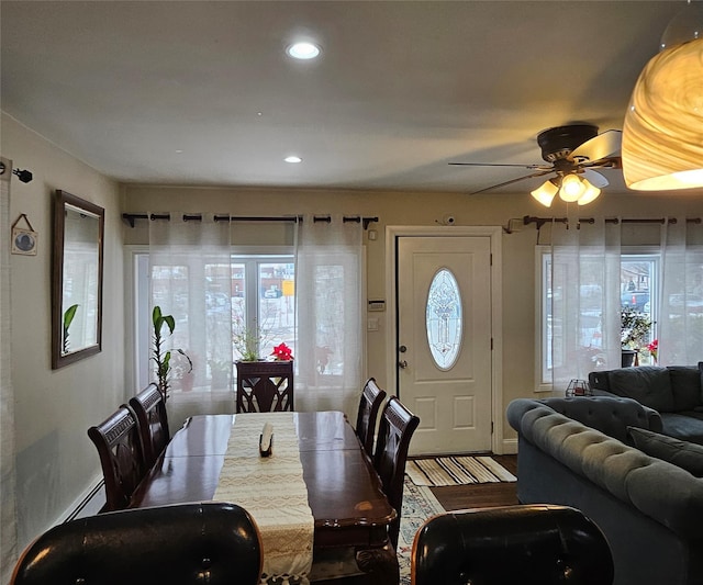 dining space featuring ceiling fan