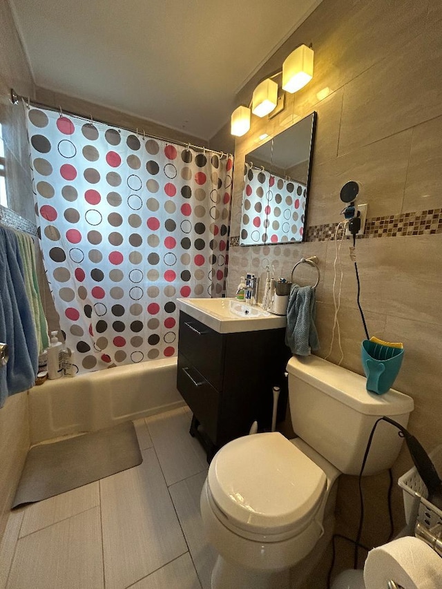 full bathroom with toilet, vanity, shower / bathtub combination with curtain, and tile patterned flooring