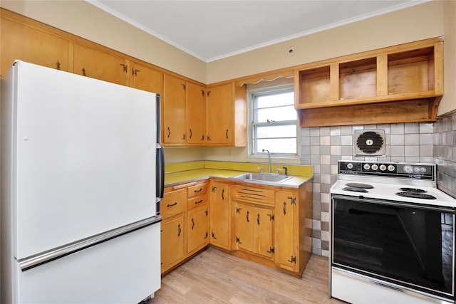 kitchen featuring light hardwood / wood-style floors, tasteful backsplash, white appliances, ornamental molding, and sink