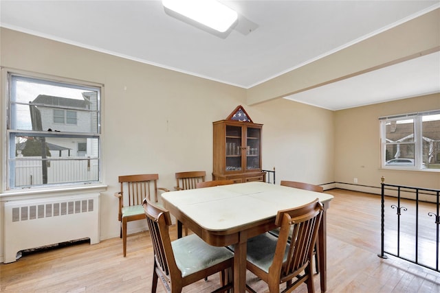 dining space with light hardwood / wood-style floors, baseboard heating, radiator, and a healthy amount of sunlight