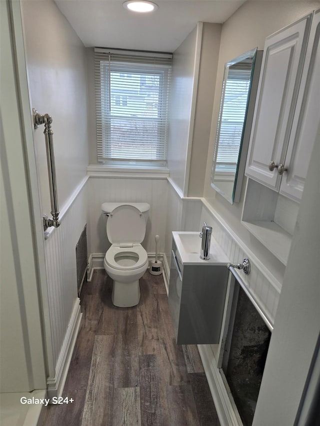 bathroom with toilet, wood-type flooring, and vanity