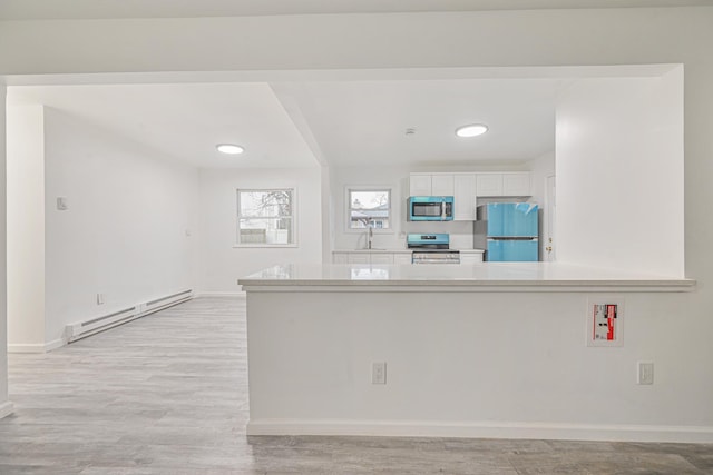 kitchen featuring stainless steel range with electric cooktop, white cabinetry, kitchen peninsula, a baseboard radiator, and refrigerator