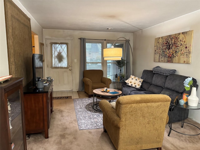 living room with light colored carpet