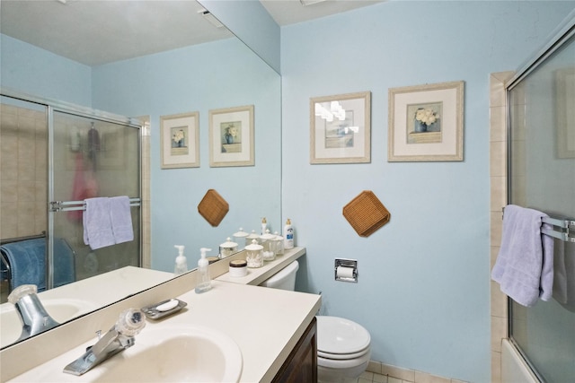 full bath with toilet, tile patterned floors, bath / shower combo with glass door, and vanity