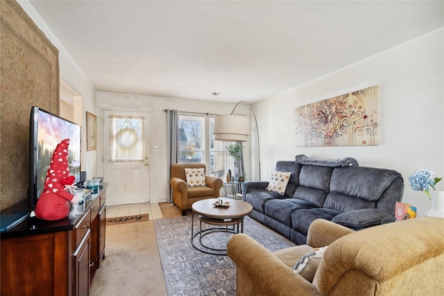 living room with light colored carpet