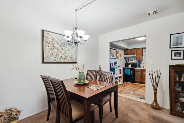 dining area with light carpet, baseboards, visible vents, and an inviting chandelier