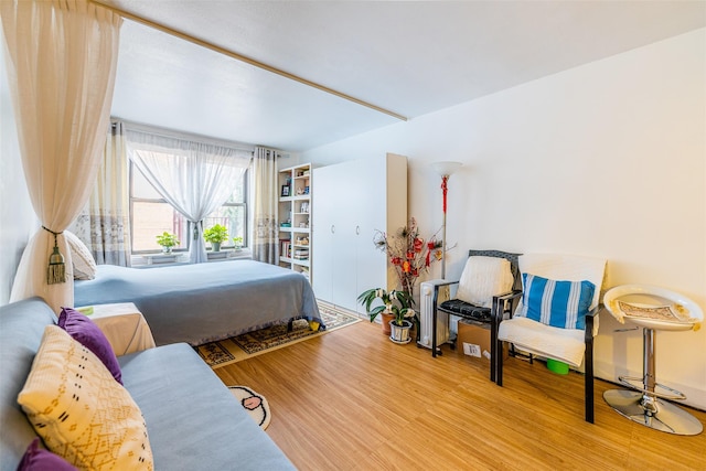 bedroom with light hardwood / wood-style flooring and radiator