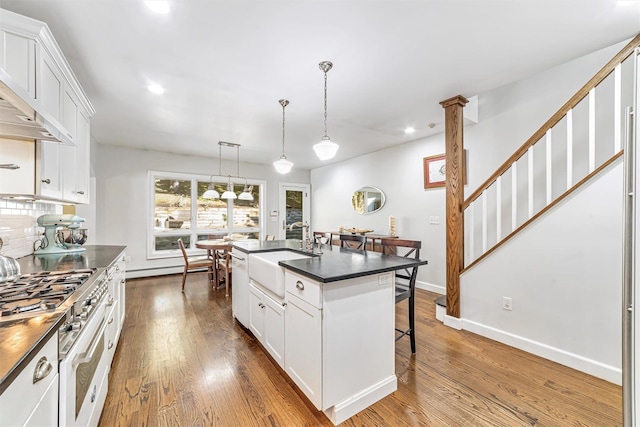 kitchen with dark countertops, high end stainless steel range oven, dark wood finished floors, and a sink