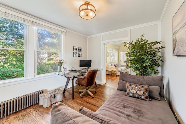 office area featuring radiator, ornamental molding, arched walkways, and wood finished floors