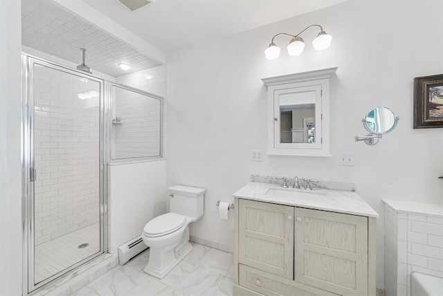 full bath with marble finish floor, toilet, baseboard heating, a stall shower, and vanity