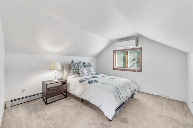 carpeted bedroom featuring lofted ceiling, a baseboard radiator, and a wall mounted AC