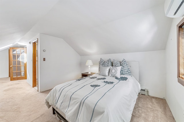 bedroom featuring carpet floors, a baseboard radiator, vaulted ceiling, and a wall mounted air conditioner