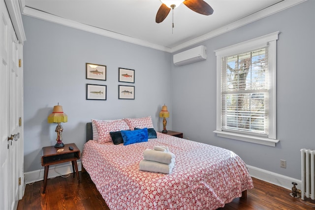 bedroom with ceiling fan, dark hardwood / wood-style flooring, radiator heating unit, and a wall unit AC