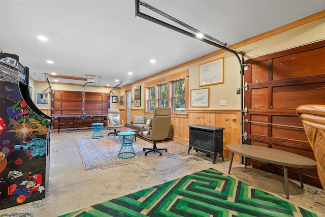 garage featuring wooden walls