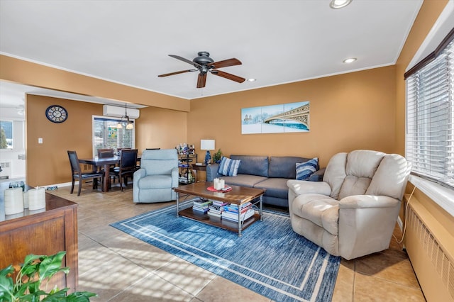 tiled living room with radiator, crown molding, a wall mounted AC, and ceiling fan