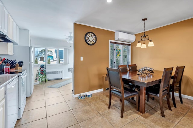 dining space featuring radiator, light tile patterned floors, ornamental molding, and an AC wall unit