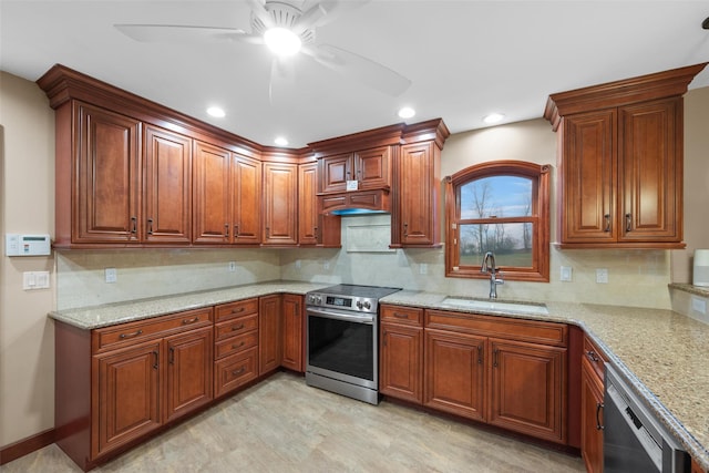 kitchen with sink, dishwashing machine, stainless steel range with electric stovetop, and light stone countertops