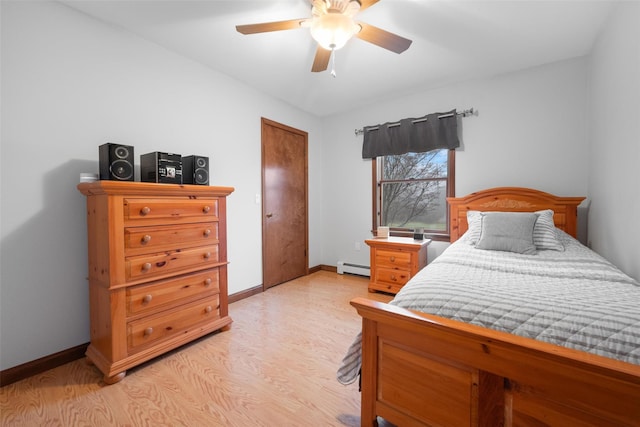 bedroom featuring a baseboard radiator, light hardwood / wood-style floors, and ceiling fan