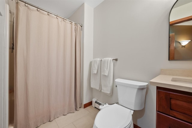 bathroom with toilet, baseboard heating, tile patterned floors, vanity, and a shower with curtain