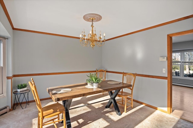 carpeted dining room featuring ornamental molding, a baseboard radiator, and a notable chandelier